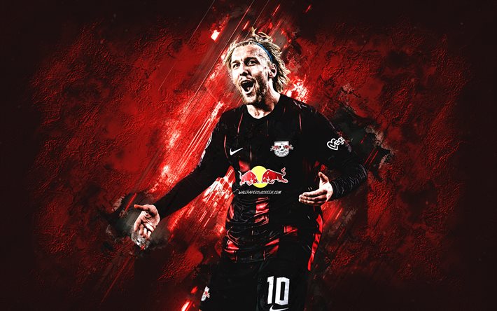 emil forsberg, rb leipzig, muotokuva, ruotsalainen jalkapalloilija, hyökkäävä keskikenttäpelaaja, punainen kivi tausta, bundesliiga, jalkapallo, saksa