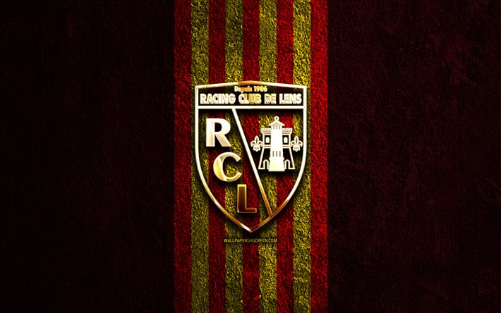 rc lens logotipo dourado, 4k, fundo de pedra vermelha, ligue 1, clube de futebol francês, logótipo da lente rc, futebol, emblema da lente rc, lente rc, lente fc