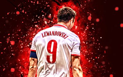4k, robert lewandowski, vista traseira, luzes de neon vermelhas, seleção polonesa de futebol, futebol, jogadores de futebol, fundo abstrato vermelho, time de futebol polonês, robert lewandowski 4k