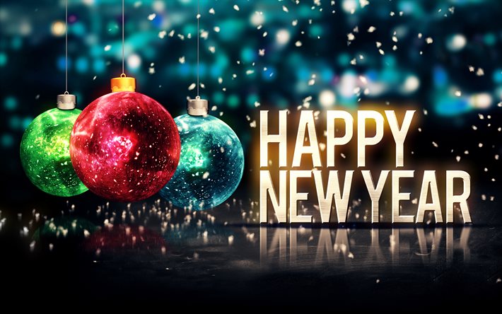 yeni yılınız kutlu olsun, 4k, noel süsleri, renkli noel topları, soyut sanat, parlama, 3d sanat, yeni yılınız kutlu olsun kavramlar