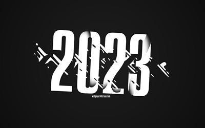 عام جديد سعيد 2023, 4k, خلفية رمادية, 2023 فن بساطتها, 2023 خلفية رمادية, 2023 مفاهيم, 2023 سنة جديدة سعيدة