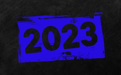 2023 hyvää uutta vuotta, tummansiniset grunge-numerot, 4k, harmaa kivitausta, 2023 käsitteet, 2023 abstraktit numerot, hyvää uutta vuotta 2023, grunge-taide, 2023 tummansininen tausta, 2023 vuosi