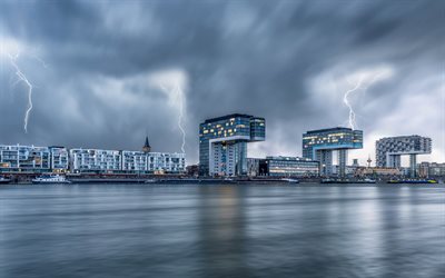 Rheinauhafen, lightning, Cologne, promenade, Kranhauz, Rhine River, Germany