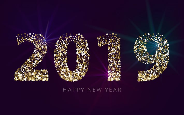 Mutlu yıllar, altın ışıltılı harfler, 2019 yılı, yaratıcı sanat, Yeni Yıl, mor arka plan, 2019 yılı kavramlar