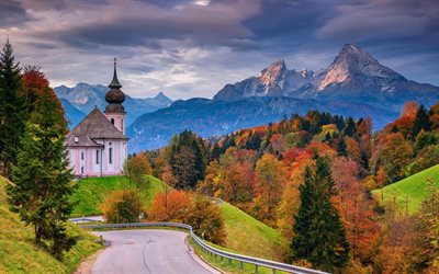 माउंट Watzmann, चर्च मारिया Gern, बावरिया, पहाड़ परिदृश्य, शरद ऋतु, पहाड़ों, जर्मनी, बावेरियन आल्प्स, Berchtesgaden