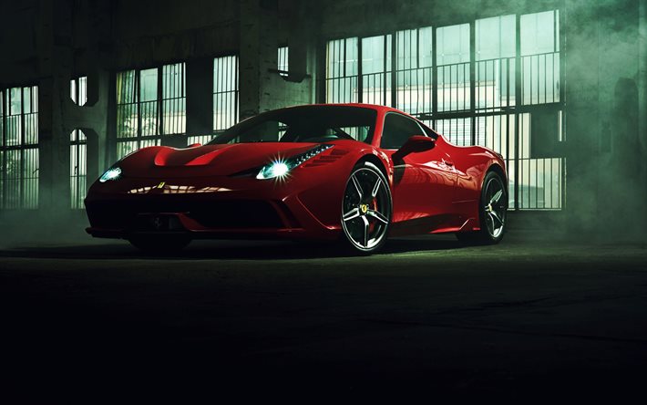 फेरारी 458 इटली, पार्किंग, अंधेरे, 2018 कारों, supercars, लाल 458 इटली, इतालवी कारों, फेरारी