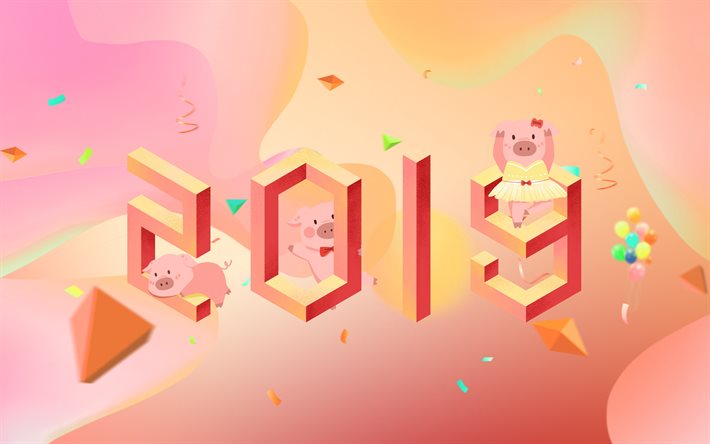 4k, 2019 년, isometric 숫자, 돼지, 창의적인, 2019 개념, 추상적인 예술, 3d 숫자, 행복한 새해 2019