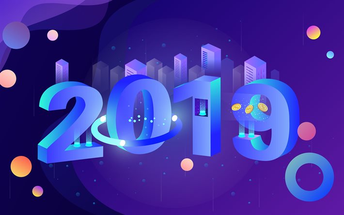 2019 vuosi, 4k, isometriset numerot, violetti tausta, luova, 2019 käsitteet, abstrakti taide, siniset numerot, hyvää uutta vuotta 2019