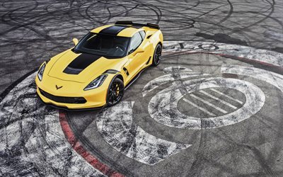 Chevrolet Corvette Z06, a la deriva, 2019 coches, supercars, amarillo Corvette, tuning, Chevrolet