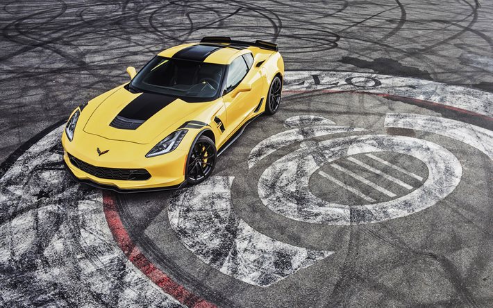 시보레 Corvette Z06, 드리프트, 2019 년 자동차, 슈퍼카, 노란색 Corvette, 조정, Chevrolet