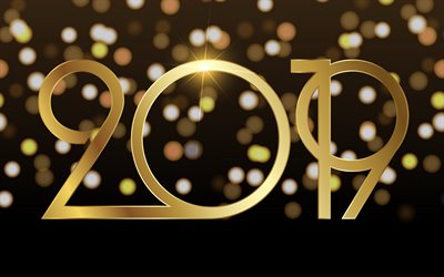 4k, bonne et Heureuse Année 2019, fond noir, à reflets dorés, créatif, 2019 année, noël, décoration, 2019 concepts, or chiffres