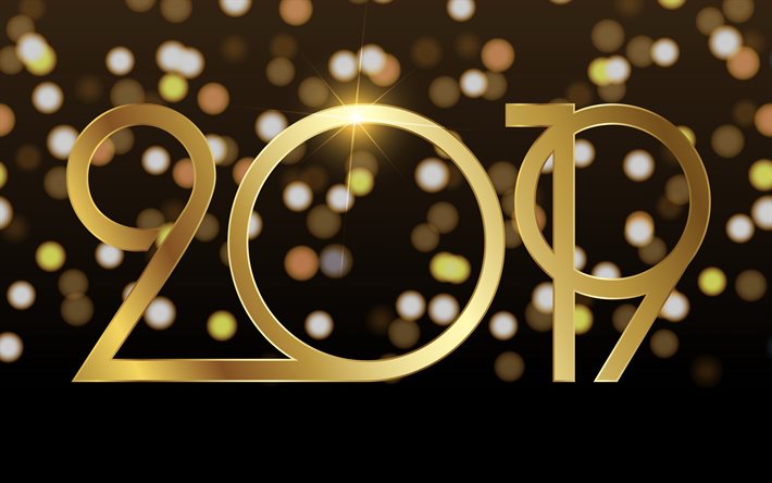 4k, Feliz Nuevo Año 2019, en un fondo negro con reflejos dorados, creativo, 2019 año, navidad decoración de 2019 conceptos, de oro dígitos