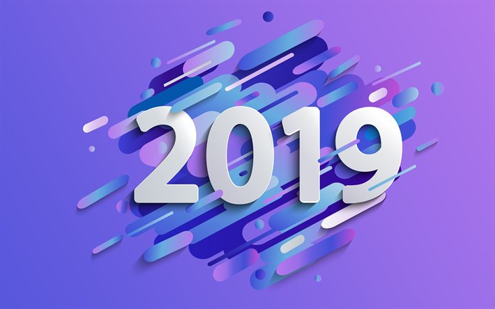 2019 year, 3d digits, purple background, creative, 2019 concepts, abstract art, Happy New Year 2019