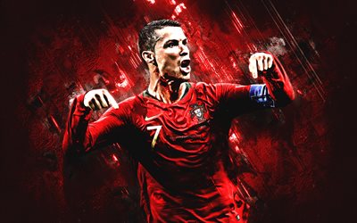 CR7, Cristiano Ronaldo, striker, Portugal National Team, grunge, soccer, red stone, Portuguese football team, football