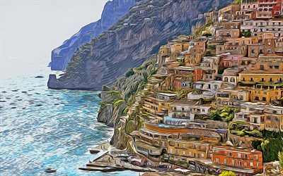4k, Positano, Amalfi, vector art, Positano drawings, Positano cityscape, Gulf of Salerno, Campania, Italy