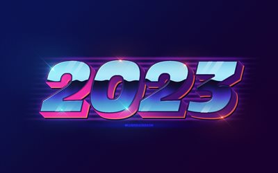 2023 Happy New Year, blue 3D digits, retro style, 2023 year, 4k, artwork, 2023 concepts, 2023 3D digits, Happy New Year 2023, abstract art, 2023 blue background