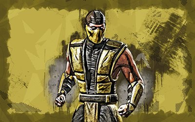Classic Scorpion, 4k, grunge art, Mortal Kombat Mobile, creative, MKM, Mortal Kombat, MK Mobile, yellow grunge background, Mortal Kombat X, Classic Scorpion Mortal Kombat