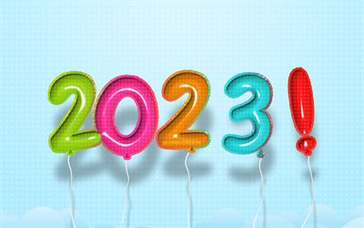 4k, 2023 Happy New Year, colorful realistic balloons, abstract clouds, 2023 concepts, 2023 balloons digits, Happy New Year 2023, creative, 2023 blue background, 2023 year, 2023 3D digits