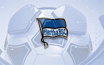 Hertha BSC glossy logo, 4K, blue football background, Bundesliga, soccer, german football club, Hertha BSC 3D logo, Hertha BSC emblem, Hertha FC, Hertha Berlin, football, sports logo, Hertha BSC