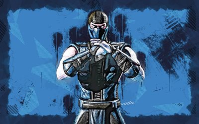 Classic Sub-Zero, 4k, grunge art, Mortal Kombat Mobile, creative, MKM, Mortal Kombat, MK Mobile, blue grunge background, Mortal Kombat X, Sub-Zero, Classic Sub-Zero Mortal Kombat