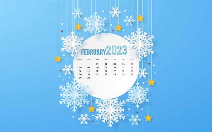2023년 2월 달력, 4k, 추상 눈송이, 2023년 달력, 2월, 흰색 원, 겨울 달력, 겨울 템플릿