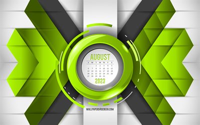 calendrier août 2023, 4k, abstrait vert, calendriers 2023, août, fond de lignes jaunes, concepts 2023, calendriers mensuels