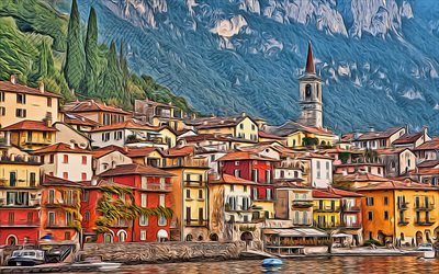 4k, Varenna, Lake Como, vector art, Lombardy, mountain landscape, Varenna drawings, Varenna art, Varenna cityscape, Italy