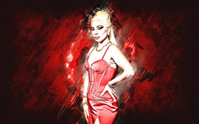 lady gaga, amerikansk sångerska, röd sten bakgrund, grunge konst, världsstjärna, stefani joanne angelina germanotta, populära sångare