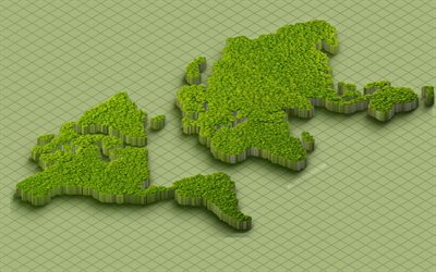 vihreä maailman kartta, 4k, vihreä neliö tausta, isometriset kartat, ekologisia käsitteitä, maailman kartat, 3d taide, isometrinen maailmankartta, 3d maailmankartta
