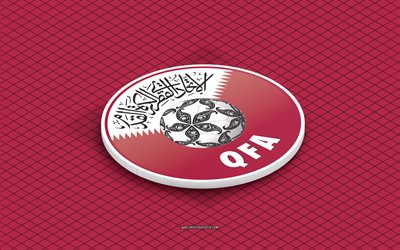 4k, logotipo isométrico del equipo nacional de fútbol de qatar, arte 3d, arte isometrico, selección de fútbol de catar, fondo morado, katar, fútbol, emblema isométrico