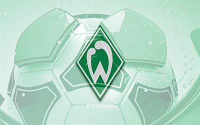 SV Werder Bremen glossy logo, 4K, green football background, Bundesliga, soccer, german football club, SV Werder Bremen 3D logo, SV Werder Bremen emblem, Werder Bremen FC, football, sports logo, SV Werder Bremen