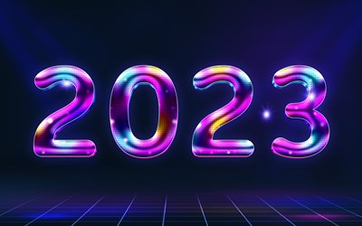 2023 Happy New Year, 4k, disco style, purple 3D digits, 2023 concepts, creative, 2023 3D digits, Happy New Year 2023, 2023 violet background, 2023 year