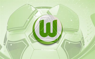VfL Wolfsburg glossy logo, 4K, green football background, Bundesliga, soccer, german football club, VfL Wolfsburg 3D logo, VfL Wolfsburg emblem, Wolfsburg FC, football, sports logo, VfL Wolfsburg