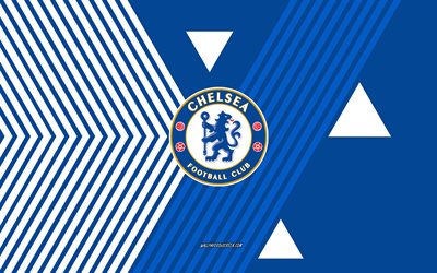 شعار نادي تشيلسي, 4k, فريق كرة القدم الإنجليزي, خطوط بيضاء زرقاء الخلفية, نادي تشيلسي لكرة القدم, الدوري الممتاز, إنكلترا, فن الخط, كرة القدم
