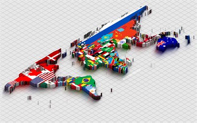 Political World map, 4K, gray squares background, world map with flags, isometric maps, geopolitics concepts, world maps, 3D art, 3D political world map, isometric world map, 3D world map