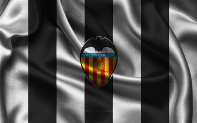 4k, logo del valencia cf, tessuto di seta bianco nero, squadra di calcio spagnola, emblema del valencia cf, la liga, valencia cf, spagna, calcio, bandiera del valencia cf, valencia fc
