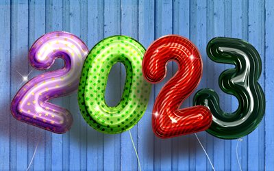 2023 Happy New Year, 4k, colorful realistic balloons, 2023 concepts, 2023 balloons digits, Happy New Year 2023, creative, 2023 wooden background, 2023 year, 2023 3D digits 2023 blue background