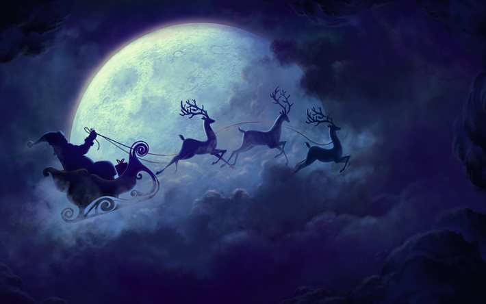New Year, Santa Claus, night, sky, winter, Christmas