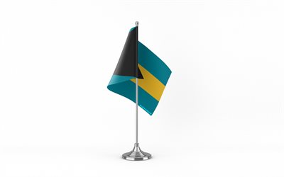 4k, bandiera da tavolo delle bahamas, sfondo bianco, bandiera delle bahamas, bandiera delle bahamas sul bastone di metallo, simboli nazionali, bahamas, europa