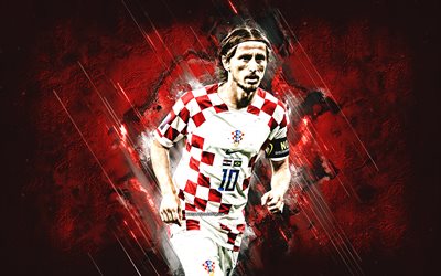 lukas modric, kroatische fußballnationalmannschaft, kroatischer fußballspieler, mittelfeldspieler, roter steinhintergrund, katar 2022, fußball