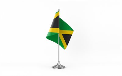 4k, jamaicas bordsflagga, vit bakgrund, jamaicas flagga, jamaica flagga på metallpinne, nationella symboler, jamaica, europa
