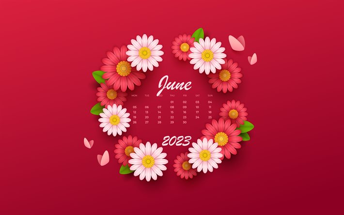 4k, juni 2023 kalender, lila bakgrund med blommor, juni, kreativ blomkalender, junikalender 2023, 2023 koncept, rosa blommor