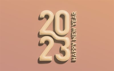 4k, 2023 Happy New Year, brown 3D digits, vertical inscription, 2023 concepts, minimalism, 2023 3D digits, Happy New Year 2023, creative, 2023 brown background, 2023 year