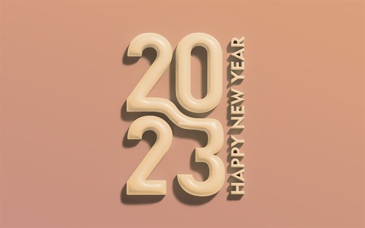 4k, bonne année 2023, chiffres 3d marron, inscription verticale, concepts 2023, minimalisme, 2023 chiffres 3d, créatif, 2023 fond marron, 2023 année