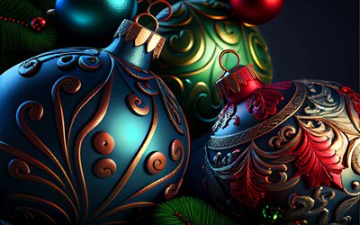 रंगीन क्रिसमस गेंदों, 4k, क्रिसमस की बधाई, क्रिसमस अवधारणाओं, नववर्ष की शुभकामनाएं, क्रिसमस की सजावट, क्रिस्मस सजावट, क्रिसमस गेंदों