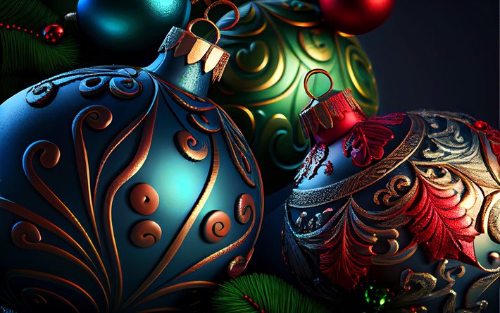 palline di natale colorate, 4k, buon natale, concetti di natale, buon anno, decorazioni natalizie, palle di natale