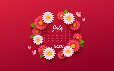 4k, July 2023 Calendar, purple background with flowers, July, creative flower calendar, 2023 July Calendar, 2023 concepts, pink flowers