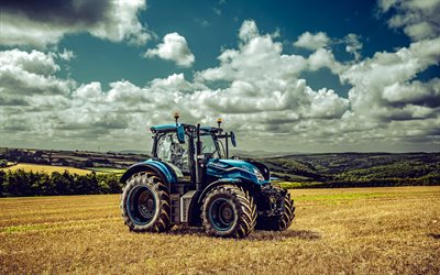 new holland t7, exteriör, blå traktor, t7 270, traktor på fältet, jordbruksmaskiner, nya traktorer, skörd, nya holland