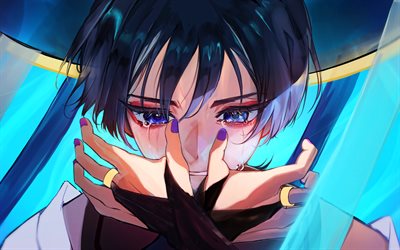 Crying Wanderer, 4k, Genshin Impact, protagonist, blue eyes, Genshin Impact characters, Wanderer, manga, Wanderer Genshin Impact