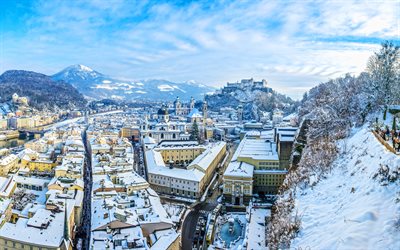 salzburgo, 4k, inverno, cidades austríacas, paisagens urbanas do horizonte, áustria, europa, natureza bela, hdr